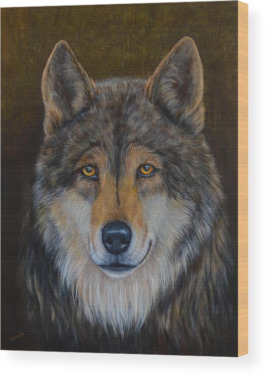 Wolf Wood Print featuring the painting Wolf Alpha by Nancy Lauby