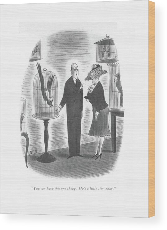 110483 Rta Richard Taylor Parrot Is Upside Down In Cage. Advertise Advertising Birds Cage Consumer Consumerism Discount Discounted Down Money Parrot Parrots Pet Pets Sale Sales Selling Shop Shopping Spend Spending Store Storefront Upside Wood Print featuring the drawing You Can Have This One Cheap. He's A Little by Richard Taylor