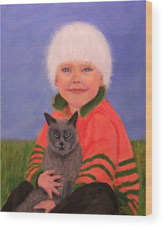 Paintings Wood Print featuring the painting Young Boy and Geriatric Kitty by Janet Greer Sammons