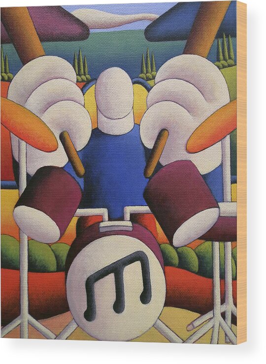  Rock Drummer In Soft Landscape With Lake And Trees Wood Print featuring the painting STIX  Rock Drummer  by Alan Kenny
