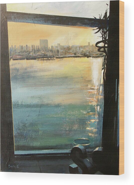 City Scape Sunset Water Reflections Wood Print featuring the painting Abu Dhabi from Rak Towers by Tom Smith