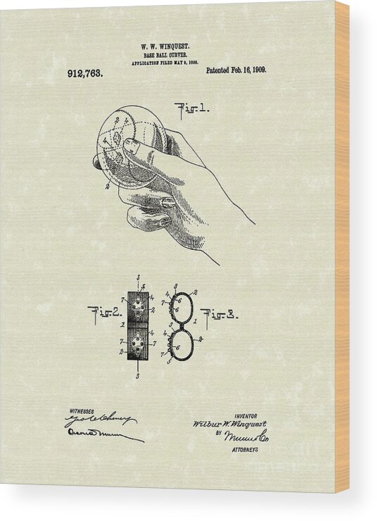 Winquest Wood Print featuring the drawing Bare Ball Curver 1909 Patent Art by Prior Art Design