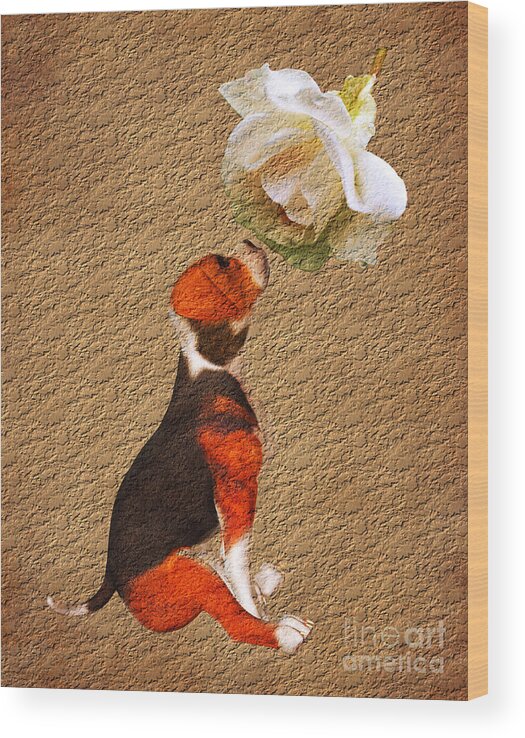 Beagle Wood Print featuring the digital art Beagle And Rose by Smilin Eyes Treasures