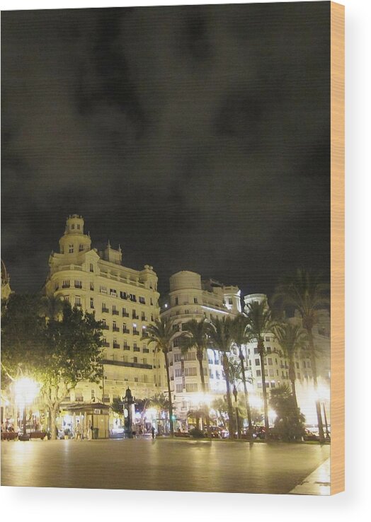 Valencia Wood Print featuring the photograph Beautiful Valencia Square Architecture Night Life Street Lamp Poles II Spain by John Shiron