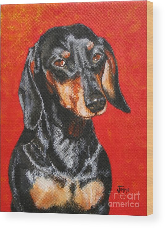 Black Wood Print featuring the painting Black Dachshund by Jimmie Bartlett