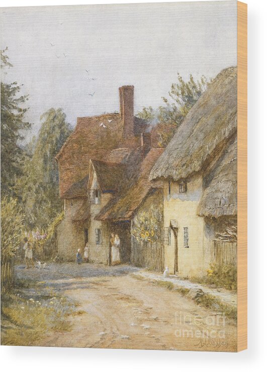 Village; Street Scene; Cottage; Cottages; English; Landscape; Rural; 19th; 20th; Victorian Wood Print featuring the painting East Hagbourne Berkshire by Helen Allingham