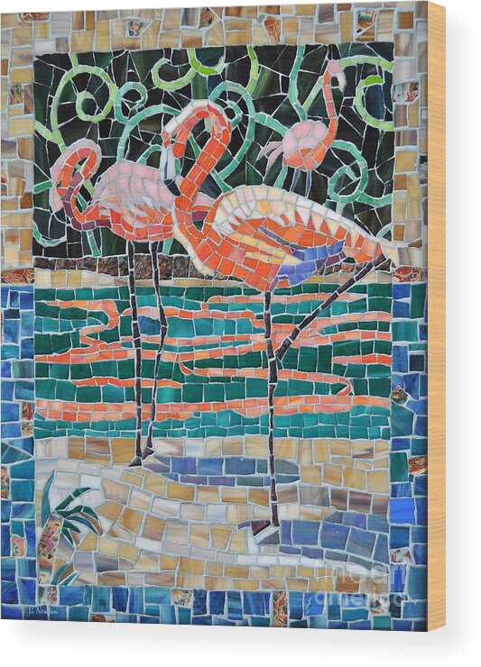 Mosaic Wood Print featuring the glass art Flaming Flamingos by Li Newton