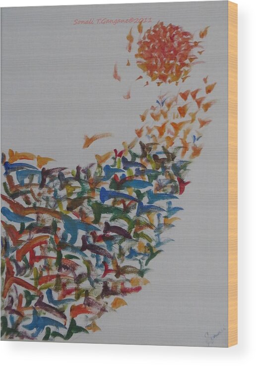 Birds Aiming At The Sun Wood Print featuring the painting Fleet of birds by Sonali Gangane