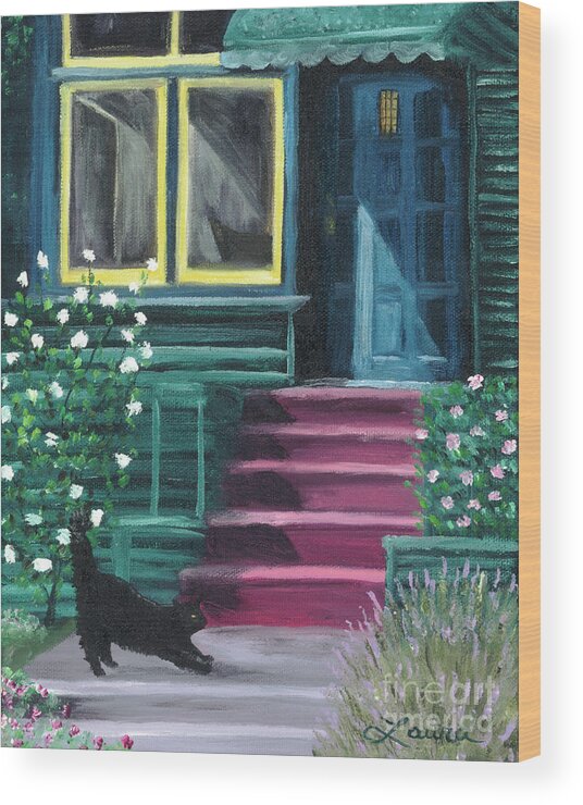 Cat Wood Print featuring the painting House with a Blue Door by Laura Iverson