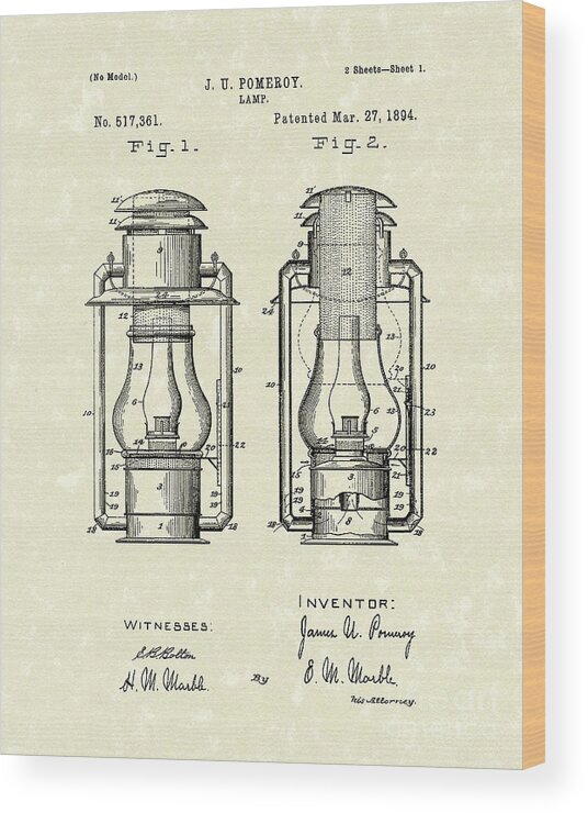 Lamp Wood Print featuring the drawing Lamp Pomeroy 1894 Patent Art by Prior Art Design