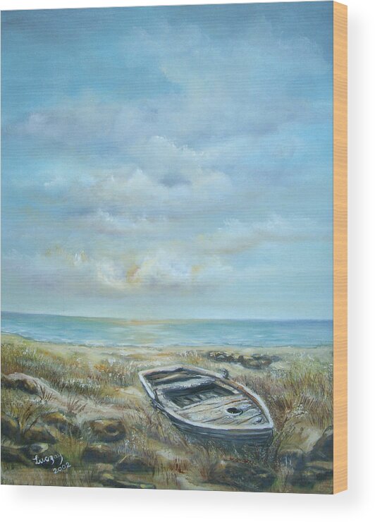 Ocean Wood Print featuring the painting Old boat beached by Katalin Luczay