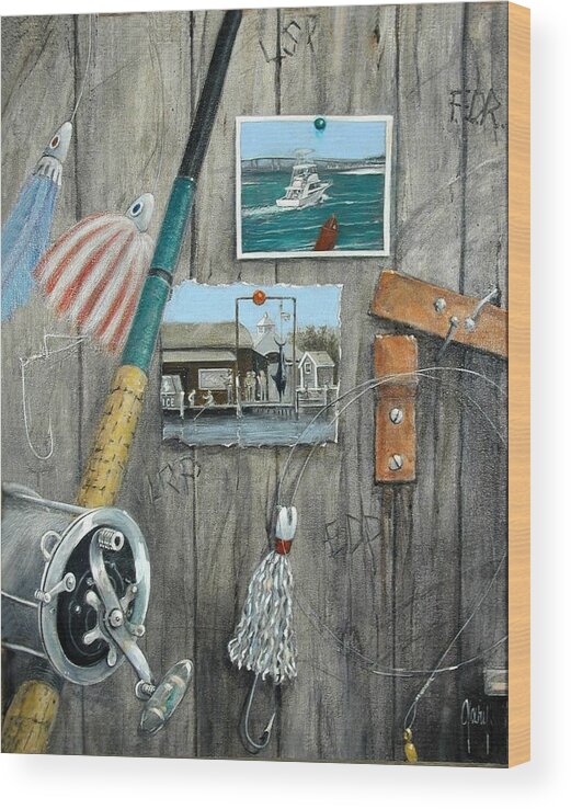 Fishing Lures. Christmas Tinsel. Destin Doll. Feather Duster. Leader Lines. Painting Of Photographs Wood Print featuring the painting Old Destin Times by Gary Partin