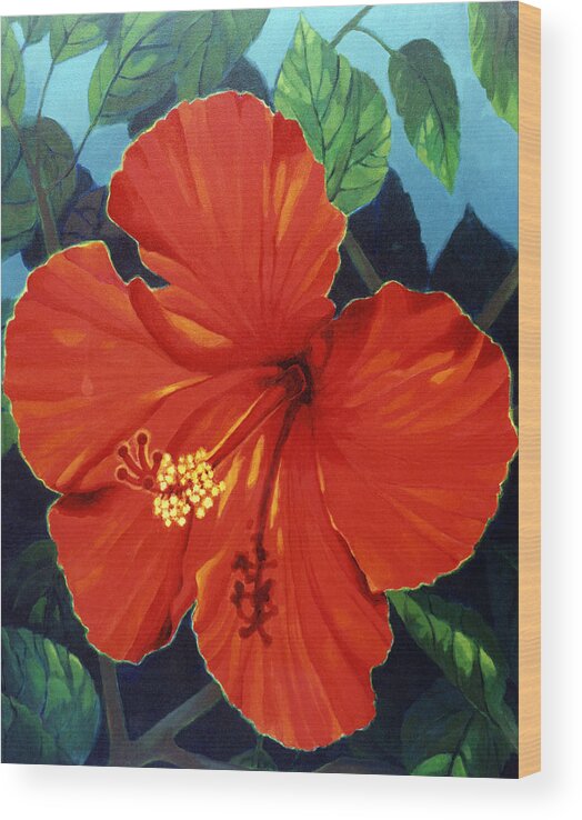 Red Hibiscus Flower. Wood Print featuring the painting Our Lady of Florida by Kyra Belan