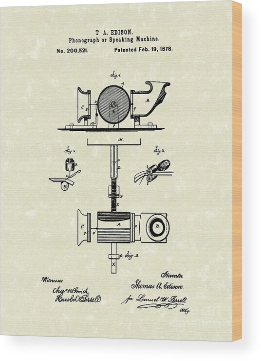 Edison Wood Print featuring the drawing Phonograph 1878 Patent Art by Prior Art Design