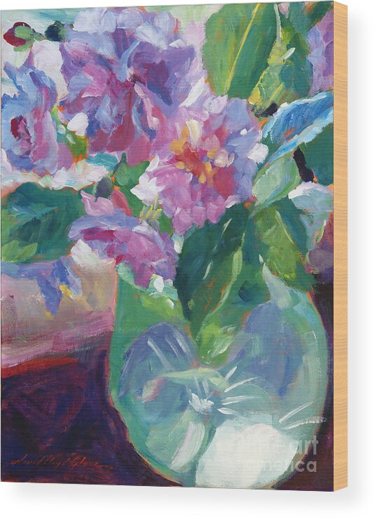 Plein Air Wood Print featuring the painting Pink Flowers in Green Glass by David Lloyd Glover