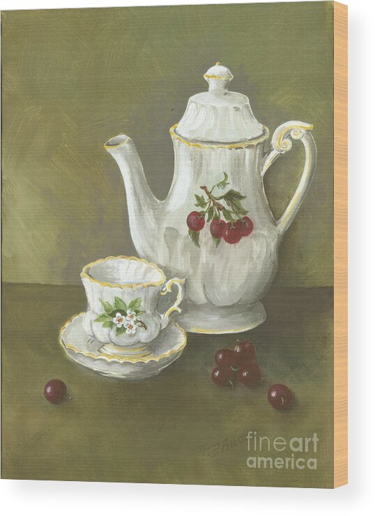 Tea Pot Wood Print featuring the painting Tea with Cherries by Nancy Patterson
