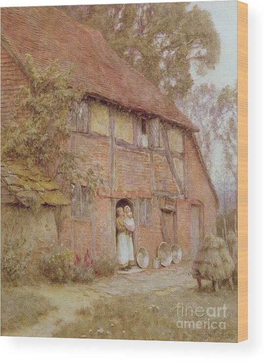 Farmhouse Wood Print featuring the painting The Cottage with Beehives by Helen Allingham