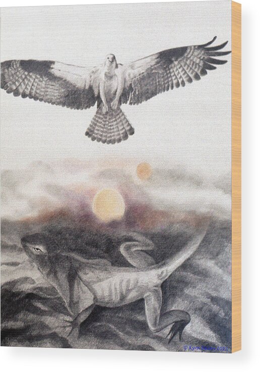 The Osprey Is Flying Over A Magical Landscape That Includes A Lizard. Drawn In Graphite And Colored Pencils. Wood Print featuring the drawing The Osprey and the Lizard by Kyra Belan