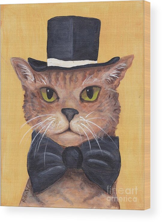 Cat Wood Print featuring the painting Tophat and Tail by Robin Wiesneth