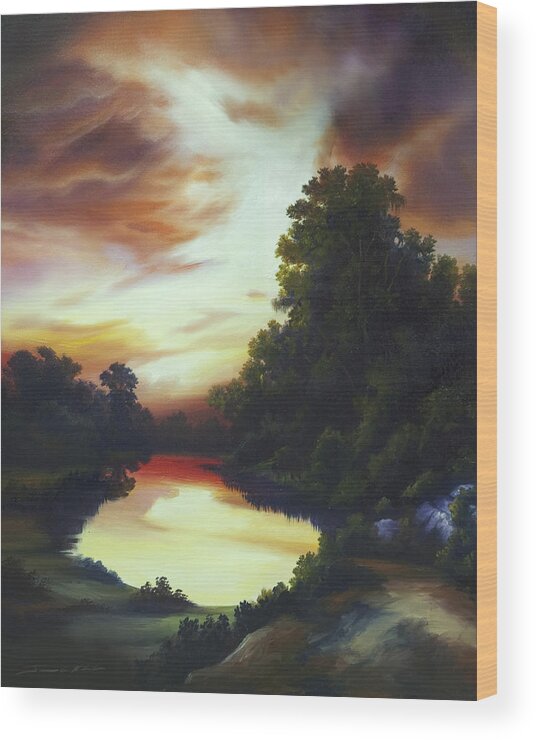 Nature; Lake; Sunset; Sunrise; Serene; Forest; Trees; Water; Ripples; Clearing; Lagoon; James Christopher Hill; Jameshillgallery.com; Foliage; Sky; Realism; Oils Wood Print featuring the painting Turner's Sunrise by James Christopher Hill