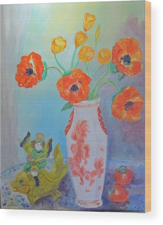 Chinese White Vase With Poppies Wood Print featuring the painting White China Vase with Poppies by Barbara Anna Knauf