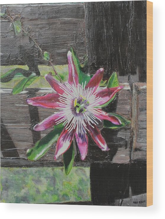 Purple Passion Flower Wood Print featuring the painting Wooden Fence by Melissa Torres