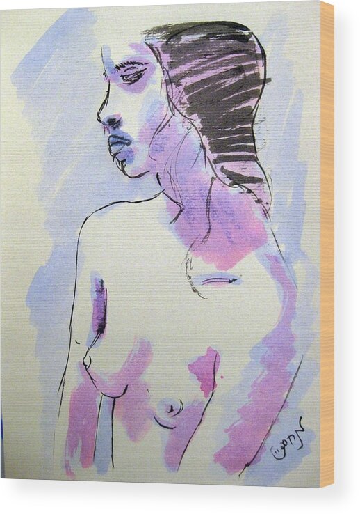 Young Painting Wood Print featuring the painting Young Nude Female Girl Sitting in Contemplation Introspective or Watercolor on textured paper by M Zimmerman
