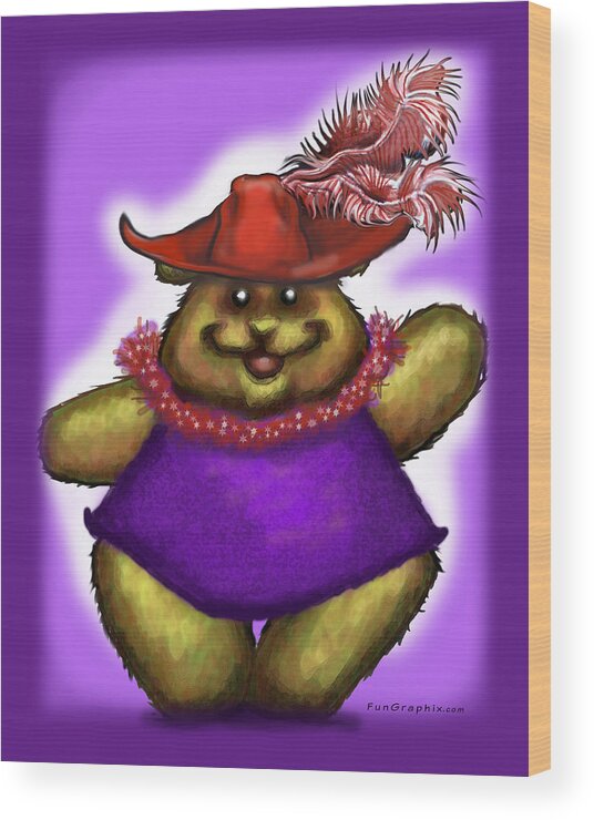 Bear Wood Print featuring the digital art Bear in Red Hat #1 by Kevin Middleton