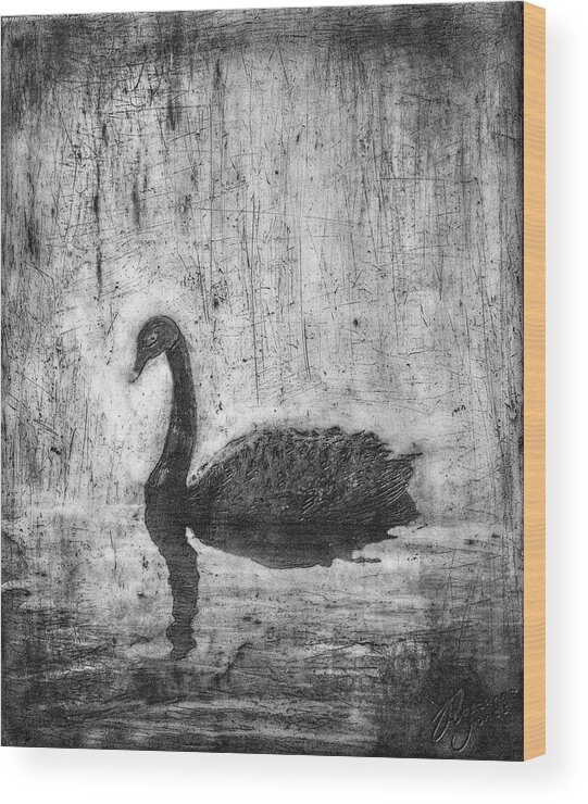 Swan Wood Print featuring the mixed media Black Swan by Roseanne Jones