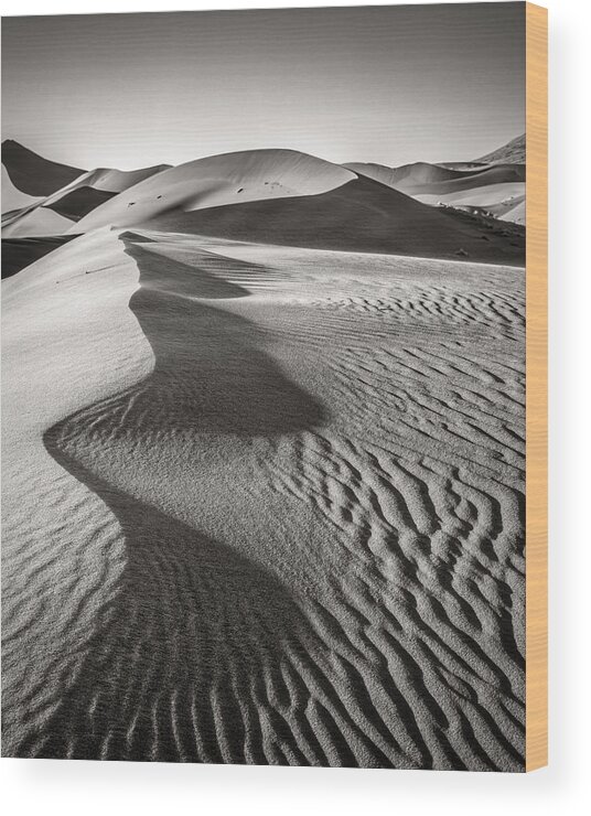 Sossusvlei Wood Print featuring the photograph Blowing Sand - Black and White Sand Dune Photograph by Duane Miller