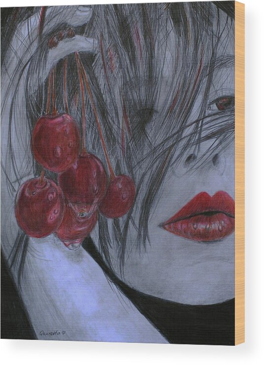 Portrait Wood Print featuring the drawing Cherry Kisses #1 by Quwatha Valentine