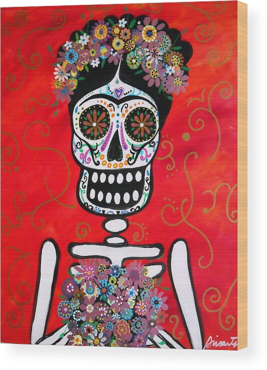 Dia Wood Print featuring the painting Frida Dia De Los Muertos #1 by Pristine Cartera Turkus