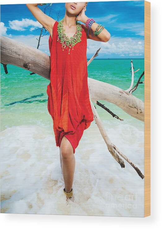 Sexy Wood Print featuring the photograph Sexy Fashion Model Girl Posing In Paradise Exotic Tropical Beach #1 by JM Travel Photography