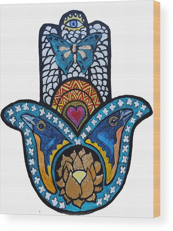 Hamsa Wood Print featuring the painting The Blue Bunting Hamsa by Patricia Arroyo