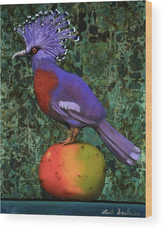 Victoria Crowned Pigeon Wood Print featuring the painting Victoria Crowned Pigeon On A Mango #2 by Leah Saulnier The Painting Maniac