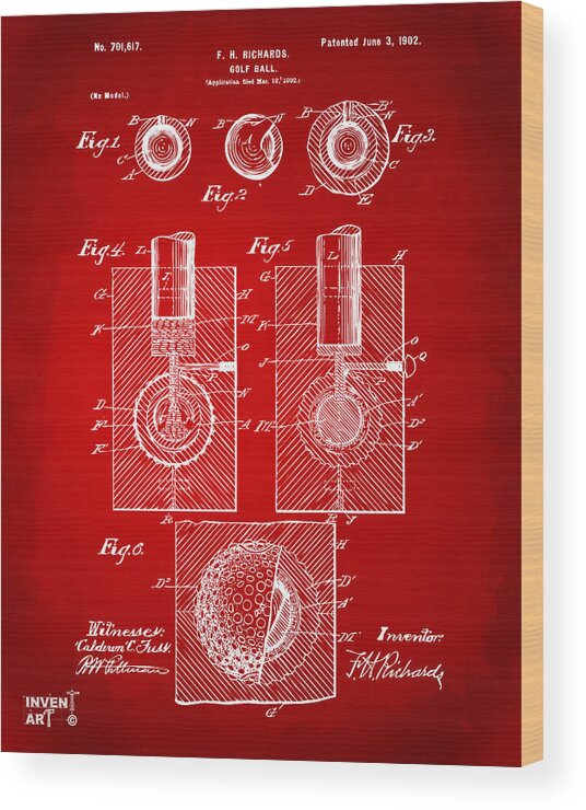 Golf Wood Print featuring the digital art 1902 Golf Ball Patent Artwork Red by Nikki Marie Smith