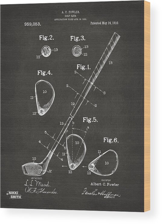 Golf Wood Print featuring the digital art 1910 Golf Club Patent Artwork - Gray by Nikki Marie Smith