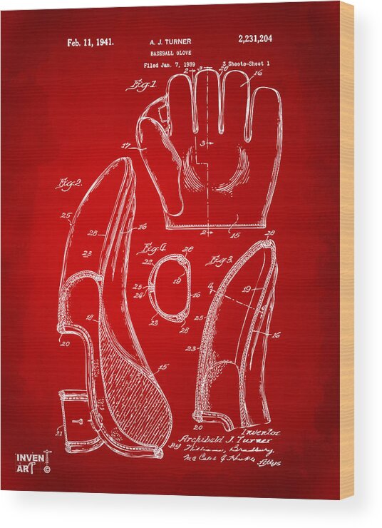 Baseball Wood Print featuring the digital art 1941 Baseball Glove Patent - Red by Nikki Marie Smith