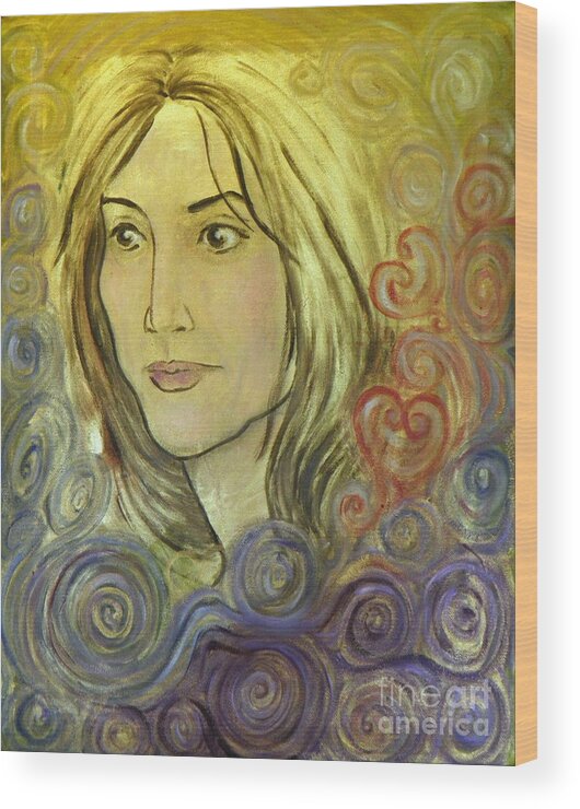 Portrait Gold Red Swirls Hearts Colours Eyes Nose Mouth Hair Symbolic Blue Purple White Pink Green Black Light Shadow Wood Print featuring the painting 2 Hearts by Ida Eriksen