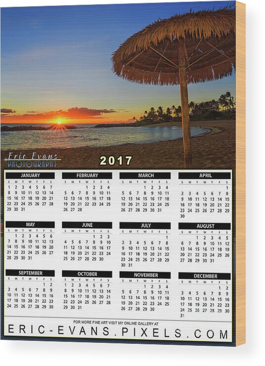 2017 Calendar Wood Print featuring the photograph 2017 Calendar Sunset Under a Bamboo Umbrella in Hawaii by Aloha Art