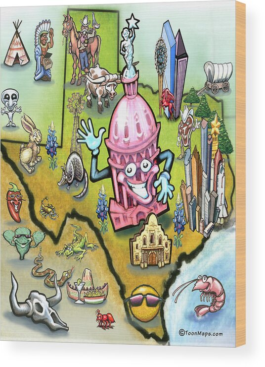 Austin Wood Print featuring the digital art Austin Texas Cartoon Map by Kevin Middleton