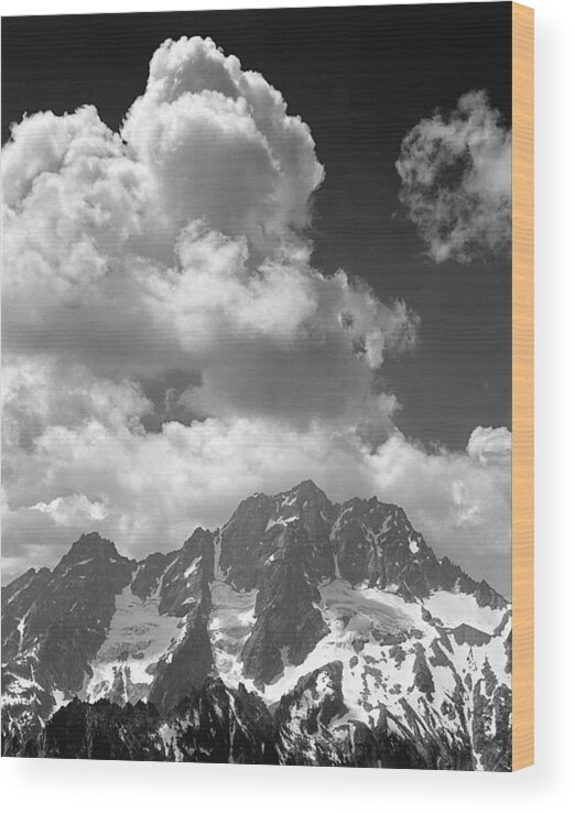 Clouds Wood Print featuring the photograph 304638 Clouds over Mt. Stuart BW by Ed Cooper Photography
