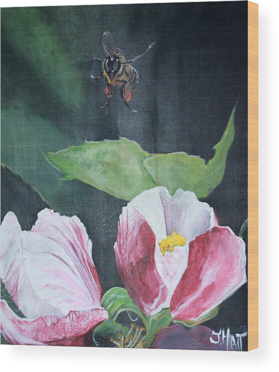 Apple Blossom Wood Print featuring the painting Busy Bee #4 by Jhiatt 