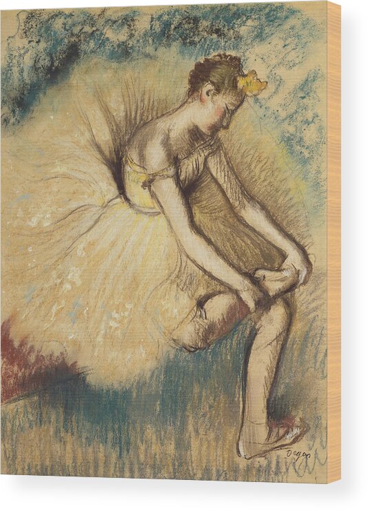 Degas Wood Print featuring the drawing A Dancer Putting on her Shoe by Edgar Degas