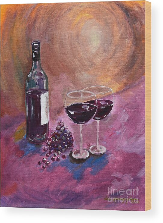 Wine Wood Print featuring the painting A little Wine on my Canvas - Wine - Grapes by Jan Dappen