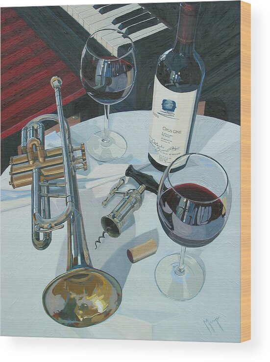 Wine Art Wood Print featuring the painting A Measure of Opus by Christopher Mize