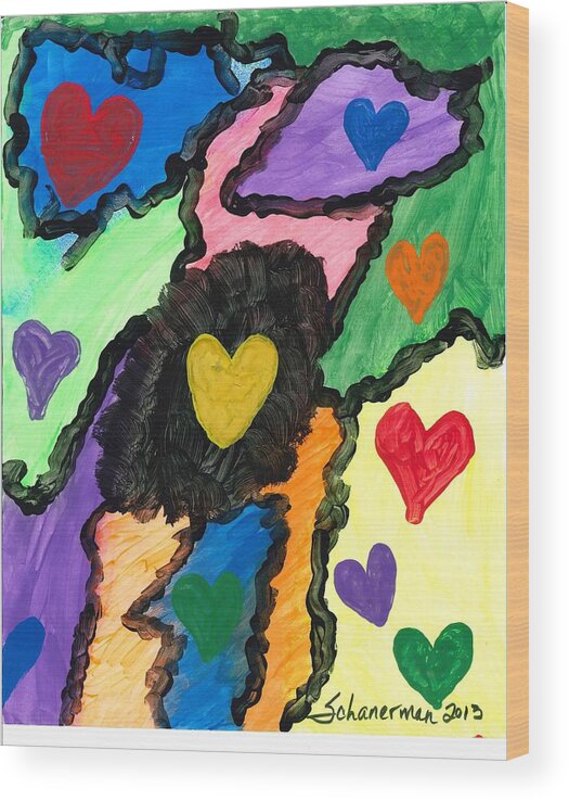 Watercolor Art Wood Print featuring the painting A World of heARTS by Susan Schanerman