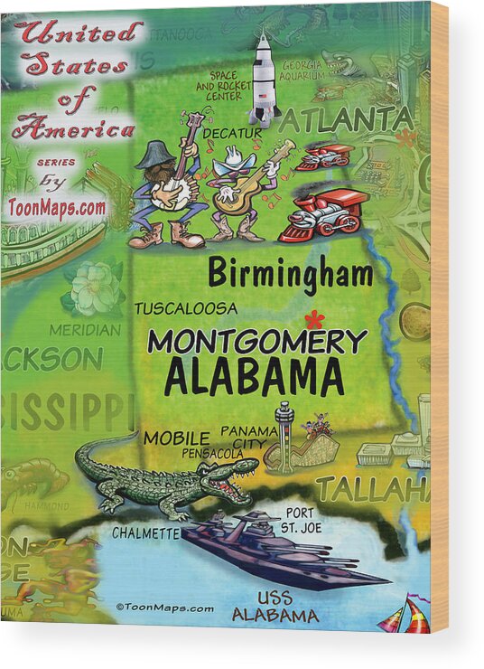Alabama Wood Print featuring the digital art Alabama Fun Map by Kevin Middleton