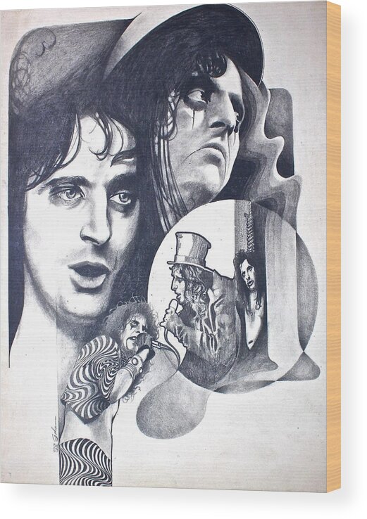 Pencil Drawing Wood Print featuring the drawing Alice Cooper by Cliff Spohn
