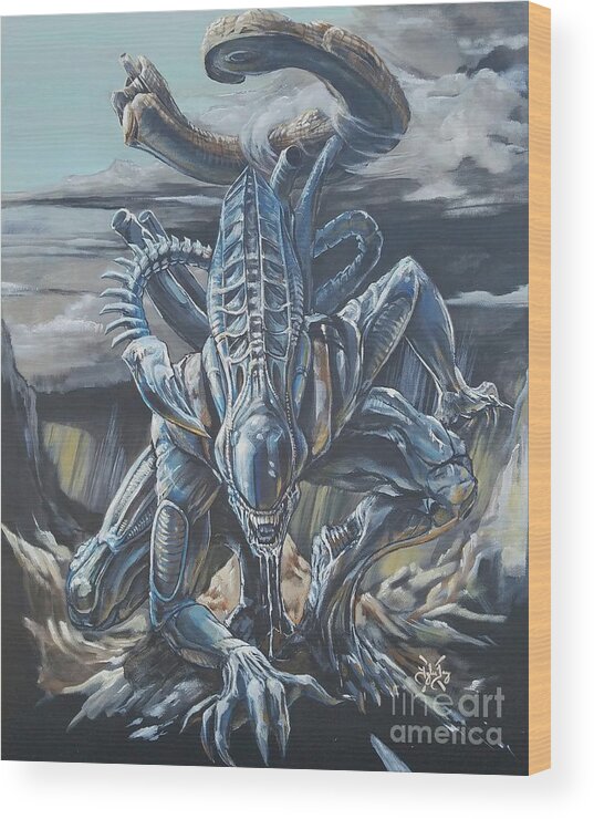 Alien Wood Print featuring the painting Alien Xenomorph by Tyler Haddox